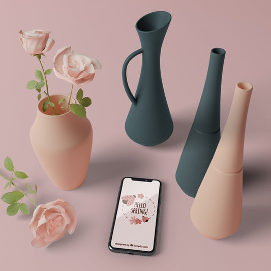 Free 3D Vases With Flowers Beside Mobile Psd