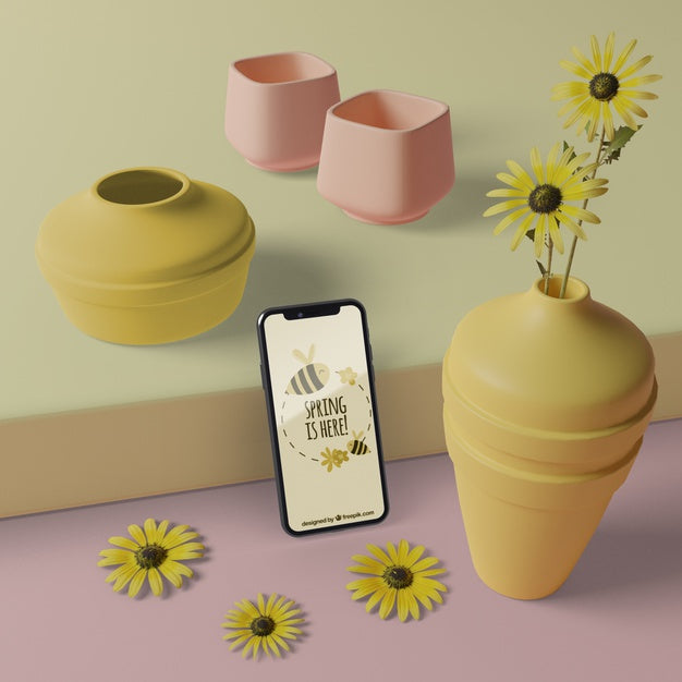 Free 3D Vases With Flowers Beside Mobile With Mock-Up Psd
