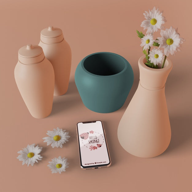 Free 3D Vases With Flowers Beside Phone Psd