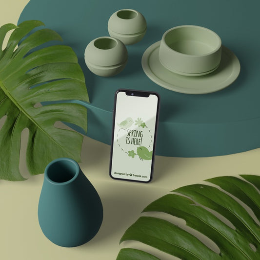 Free 3D Vases With Flowers Beside Phone With Mock-Up Psd