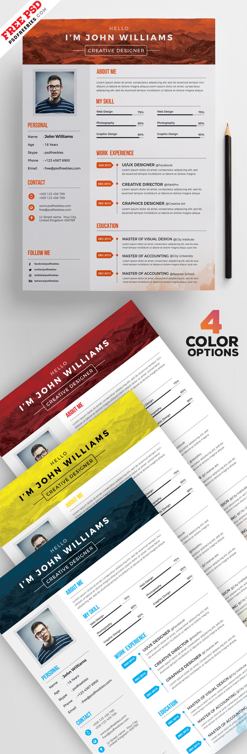 Free 4 Creative CV Resume Design Templates Set in Photoshop (PSD) Format