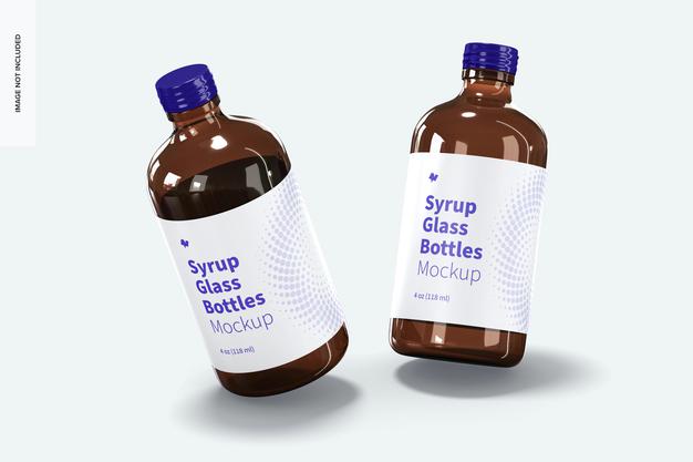 Free 4 Oz Syrup Glass Bottles Mockup, Falling Psd