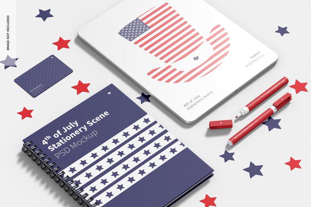 Free 4Th Of July Stationery Scene Mockup, Perspective Psd