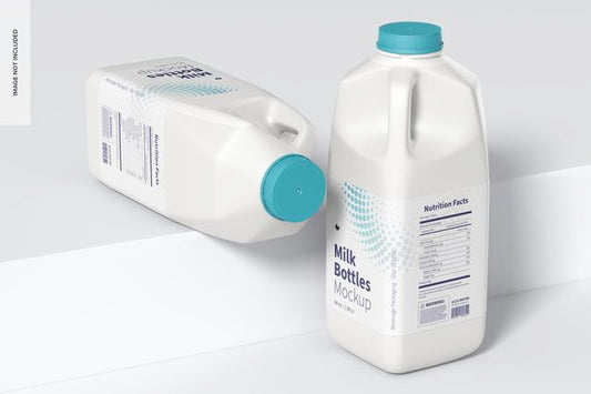 Free 64 Oz Milk Bottles Mockup, Perspective View Psd