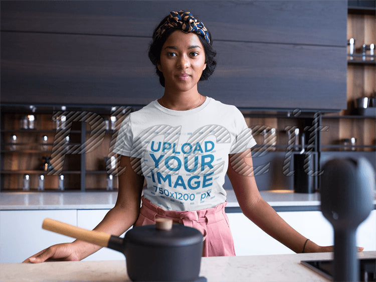 Woman Wearing a Round Neck T-Shirt Mockup While in Work