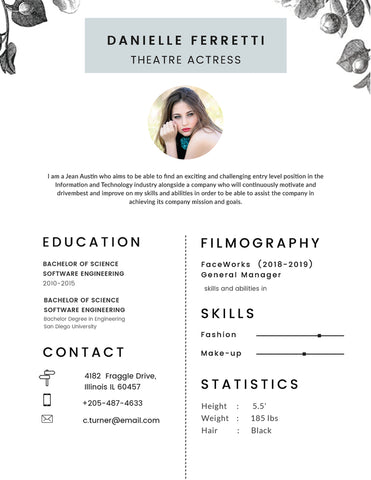 Free Theatre Actress Photo Resume CV Template in Photoshop (PSD), Illustrator (AI) and Indesign Formats