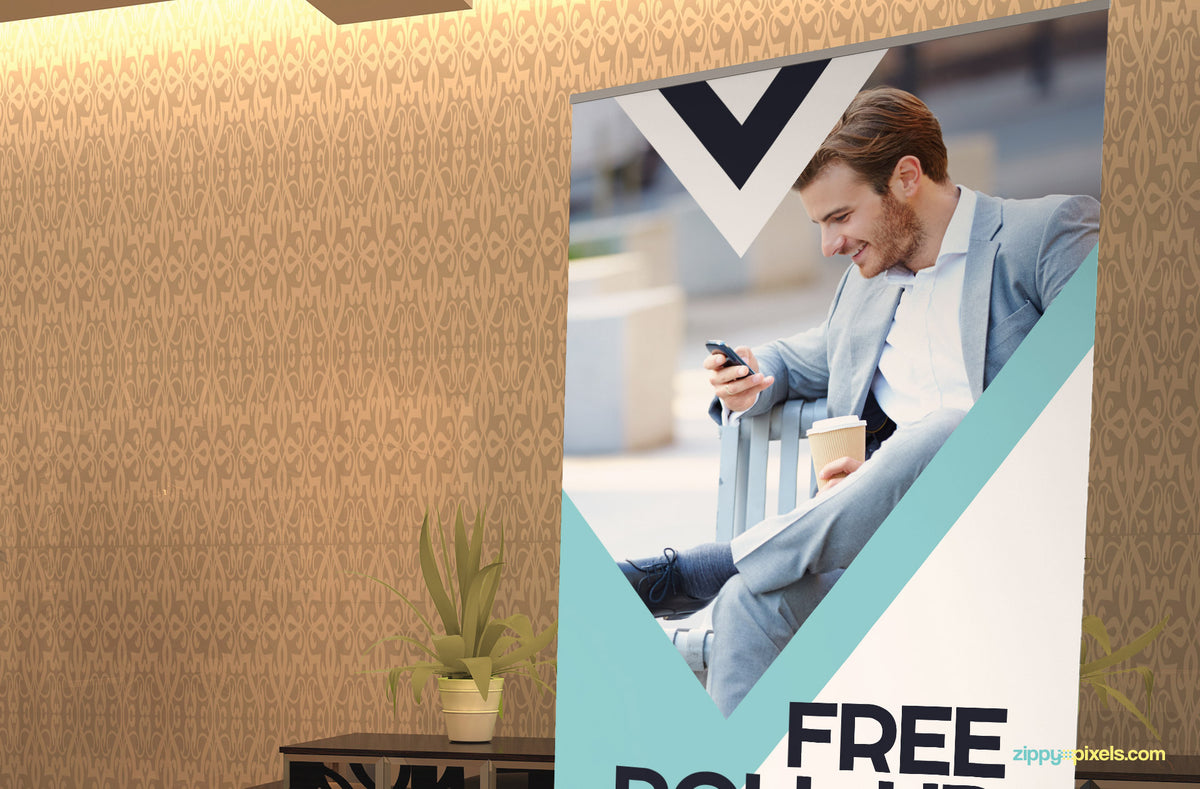 Free Roll Up Banner Advertisement Mockup – CreativeBooster
