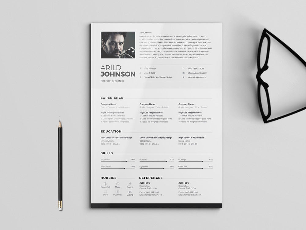 Free Clean and Modern Photo Resume CV Template in Photoshop (PSD) and Illustrator (AI) Formats