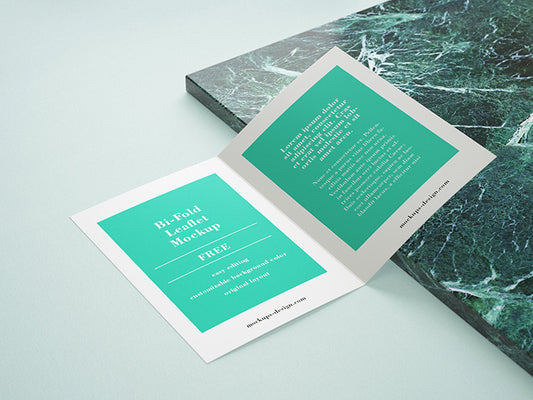 Free Creative Mockup of Bi-Fold Leaflet Brochure with Marble Rock Panel