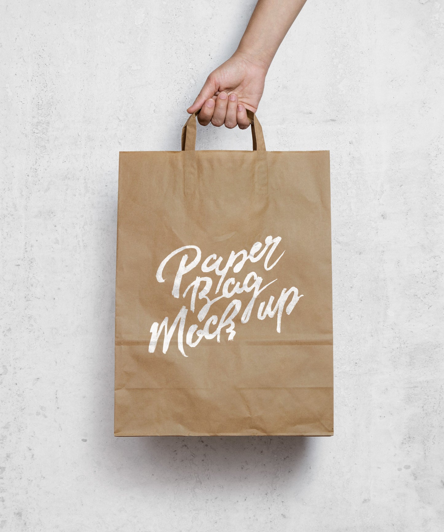Free Hand Holding a Brown Paper Bag MockUp
