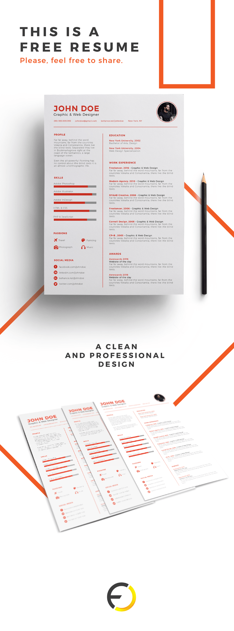 Free Clean Design Resume Template for Illustrator (AI) Format