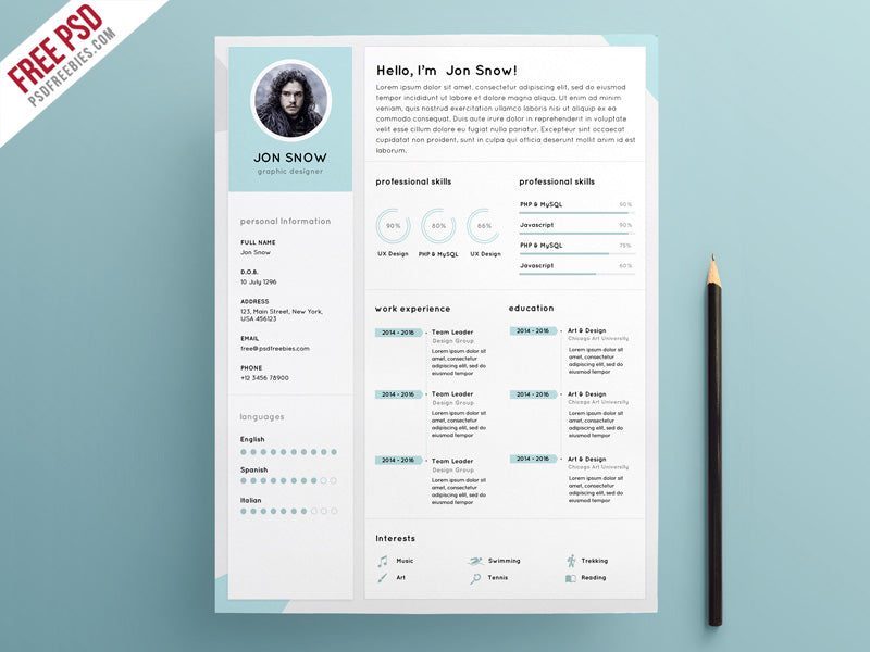 Free Clean and Minimalist CV Resume Template in Photoshop (PSD) Format
