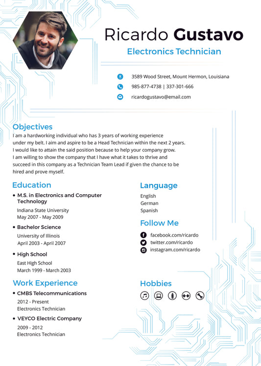 Free Electronic Technician Resume CV Template in Photoshop (PSD), Microsoft Word and Indesign Formats