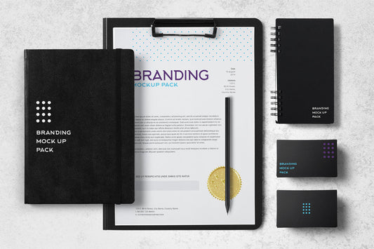Free Multipurpose Branding Mockup Pack with Pen, Notebook and Business Cards