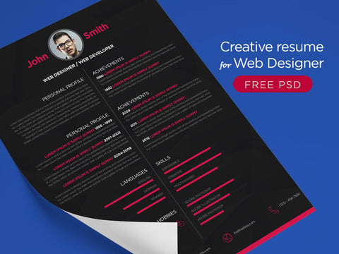Free Dark CV Resume Template with Minimalistic Style Design in Photoshop (PSD) Format