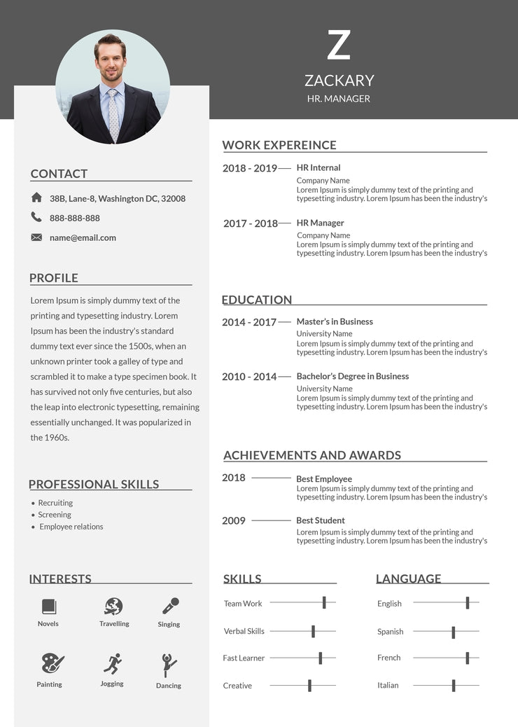 Free HR Manager Resume CV Template in Photoshop (PSD), Microsoft Word and Indesign Formats