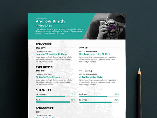 Free Clean Photographers Resume CV Template in Photoshop (PSD) Format