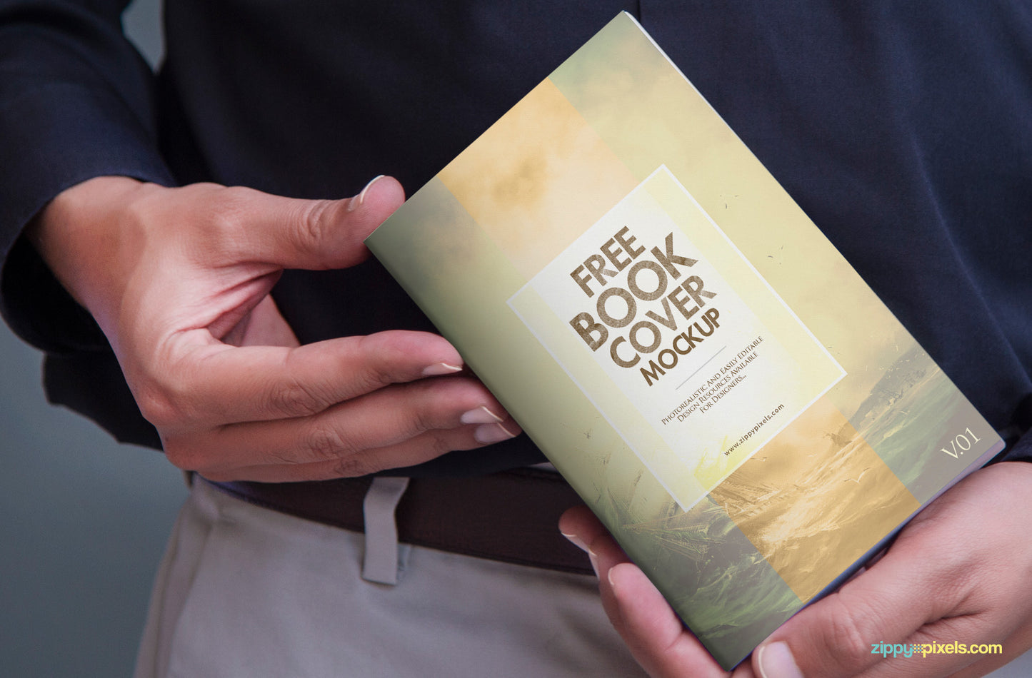 Free Book Cover Mock Up PSD in Mans Hand