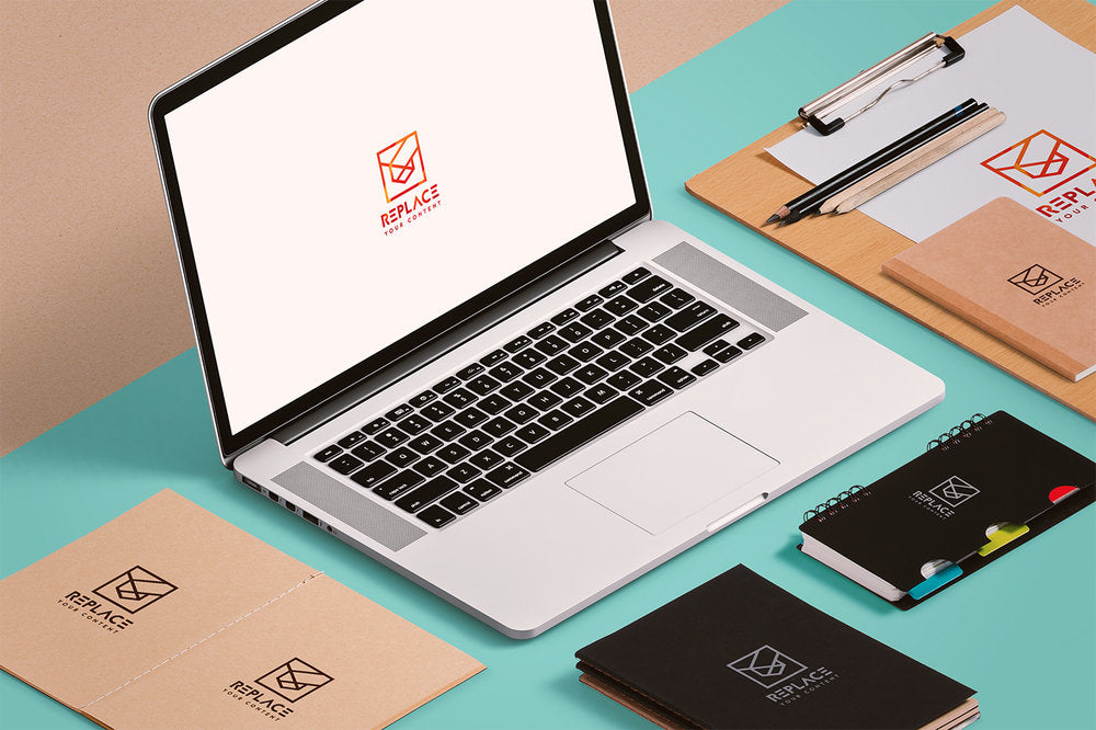 Free Isometric Stationery Mockup Scenes (Including Macbook Pro, Notebook and Business Card Mockup)