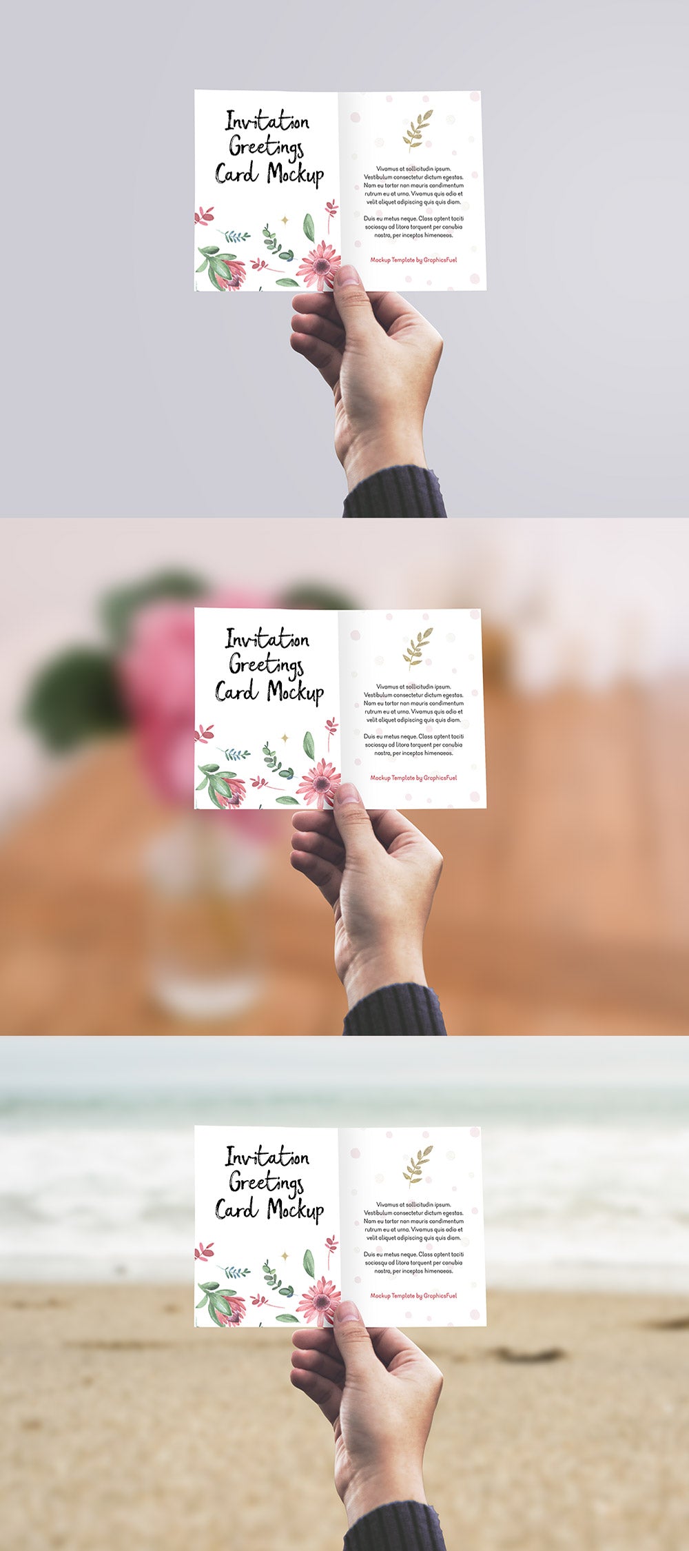 Free Invitation or Greeting Card in Hand Mockup PSD