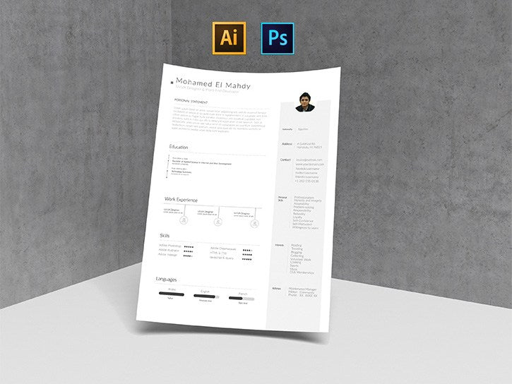 Free Clean and Simple Photo Resume CV Template in Photoshop (PSD) and Illustrator (AI) Formats