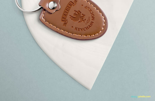 Free Leather Keychain Mockup with Changeable Marble Base