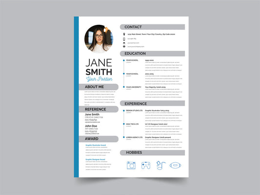 Free Modern Resume CV Template with Flat Style Design in Illustrator (AI) Format