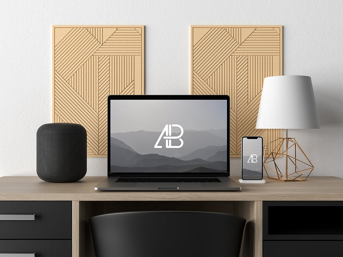 Free Modern Macbook Pro and iPhone X on Desk Mockup