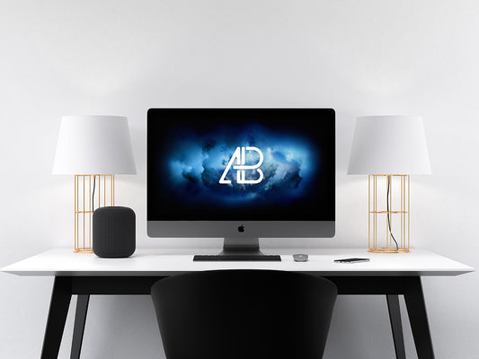 Free Desktop Office Table with Modern iMac Pro Mockup
