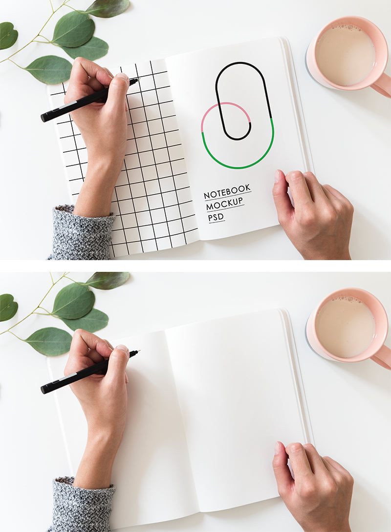 Free Sketchbook with Writing Hand (Mockup)