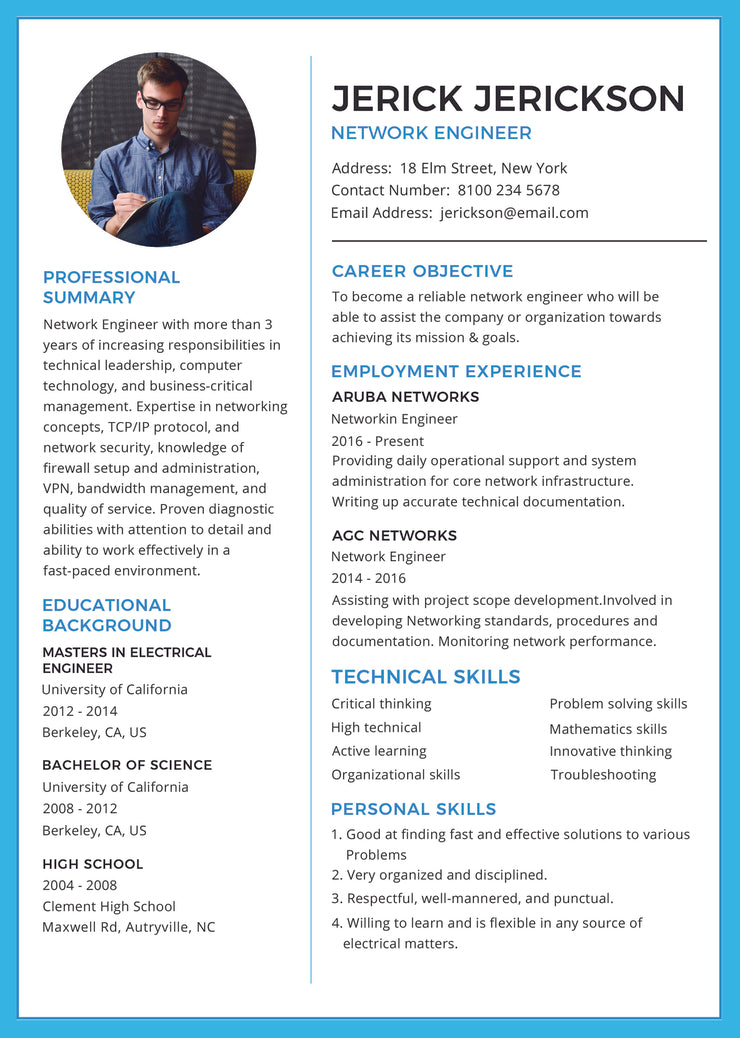 Free Basic Network Engineer Resume CV Template in Photoshop (PSD), Illustrator (AI), Microsoft Word and Indesign Formats