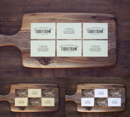 Free Business Cards on a Wooden Cutting Board