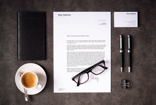 Free Overhead Look on Business Stationery Paper Mockup