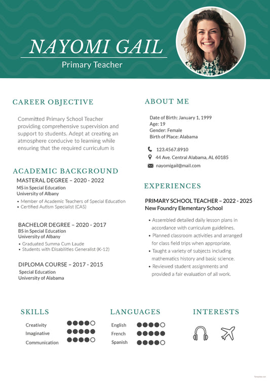 Free Primary Teacher Resume CV Template in Photoshop (PSD) and Microsoft Word Formats