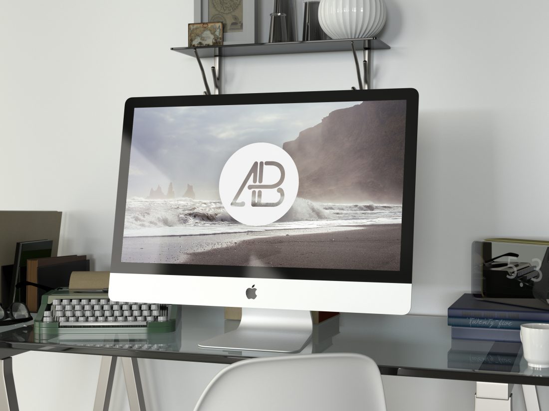 Free Realistic 5k iMac Mockup in Home Office Table