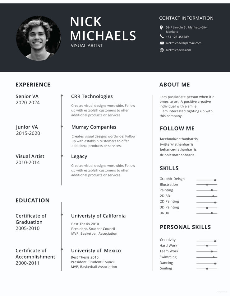 Free Visual Artist Photo Resume CV Template in Photoshop (PSD), Illustrator (AI) and Indesign Formats