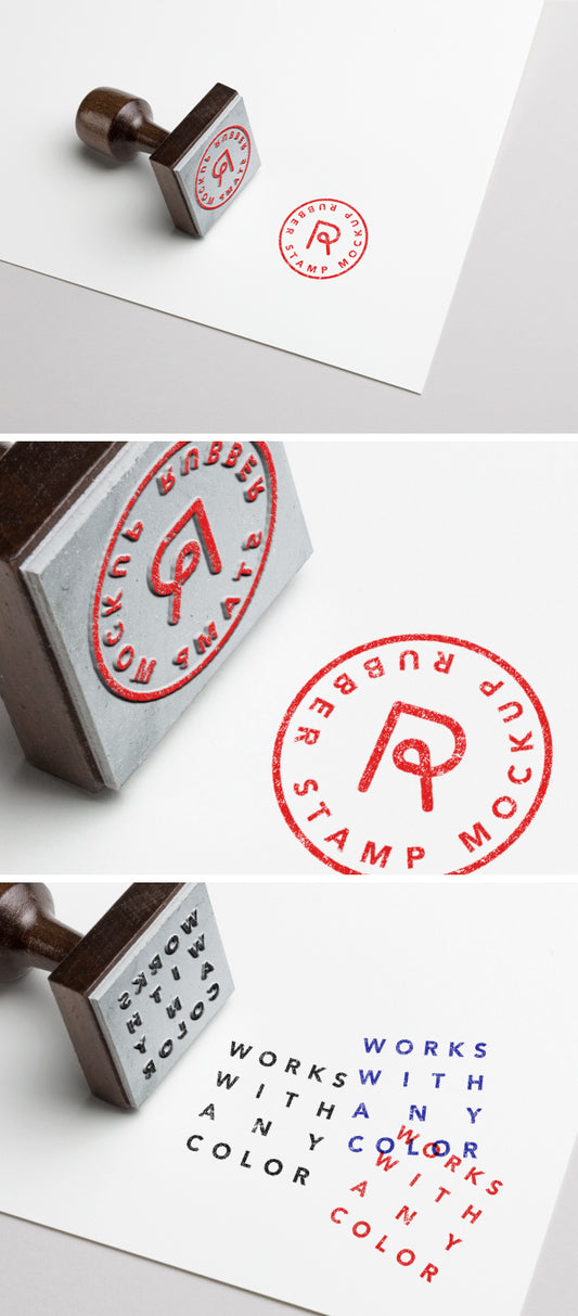 Free Wood and Metallic Vintage Rubber Stamp Logo PSD MockUp