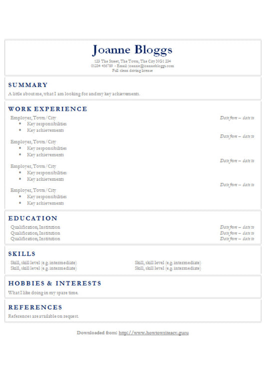 Free Sections Design Resume CV Template in Microsoft Word (DOC) Format