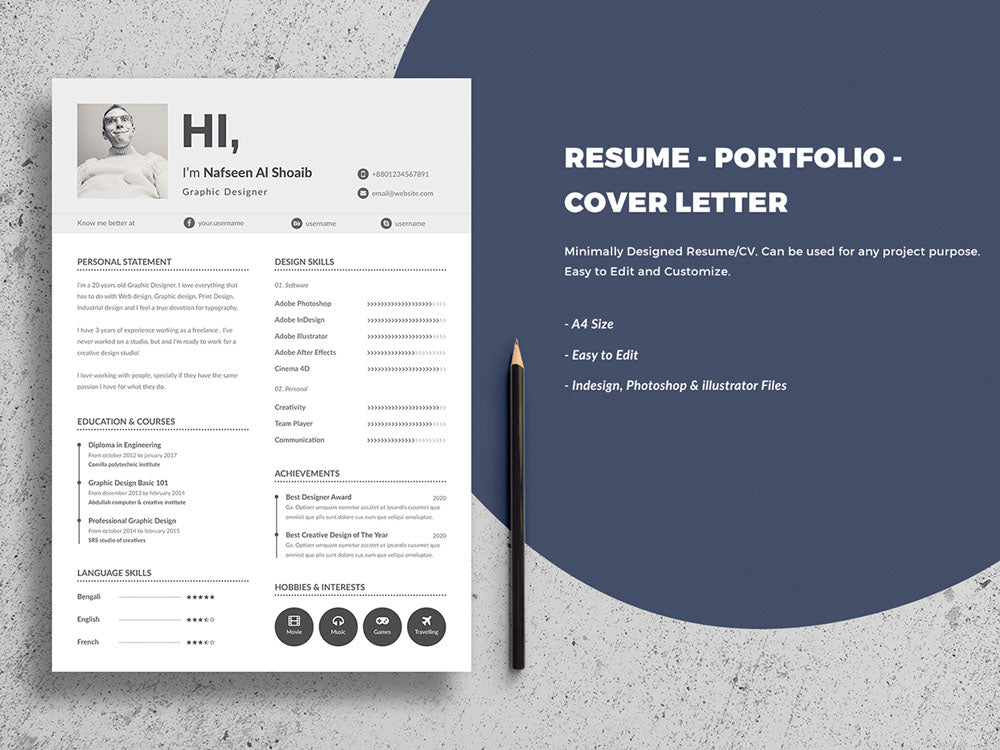 Free Minimal Resume CV Template with Cover Letter in Photoshop (PSD) and Illustrator (AI) Formats