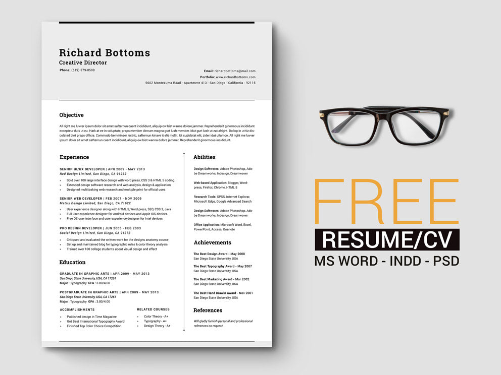 Free Timeless Minimal Resume CV Template with Cover Letter in Photoshop (PSD), Microsoft Word and Indesign Formats