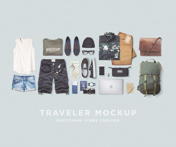 Free Traveler Mockup Set with Bags and Apparel