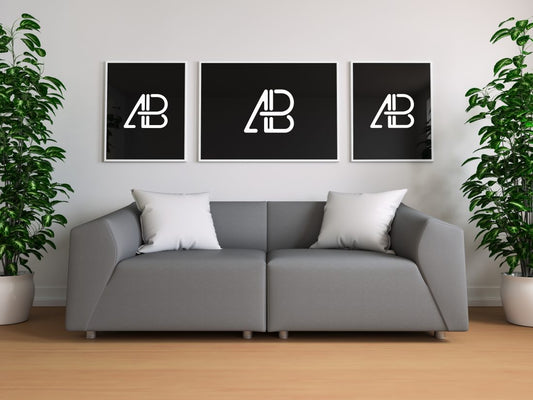 Free Triple Poster and Frame In Living Room Mockup