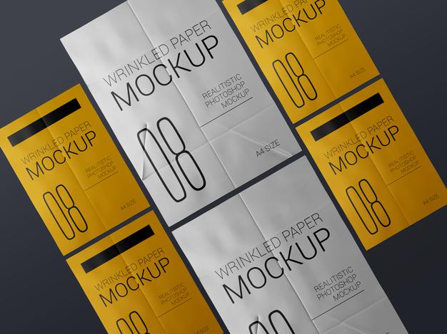 Free A Group Of Realistic Wrinkled Poster Template Mockup. Glued Paper Wet Wrinkled Posters Mockup Psd