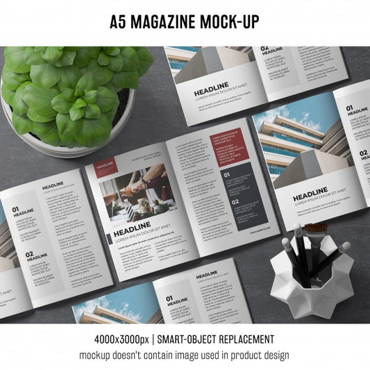 Free A5 Magazine Mockup With Basil Plant Psd