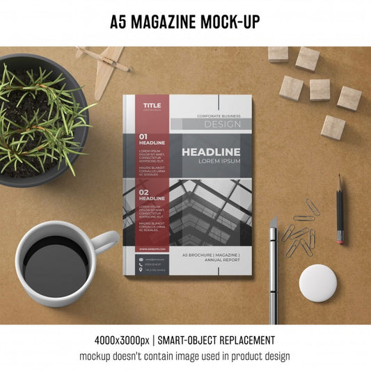 Free A5 Magazine Mockup With Coffee And Plant Psd