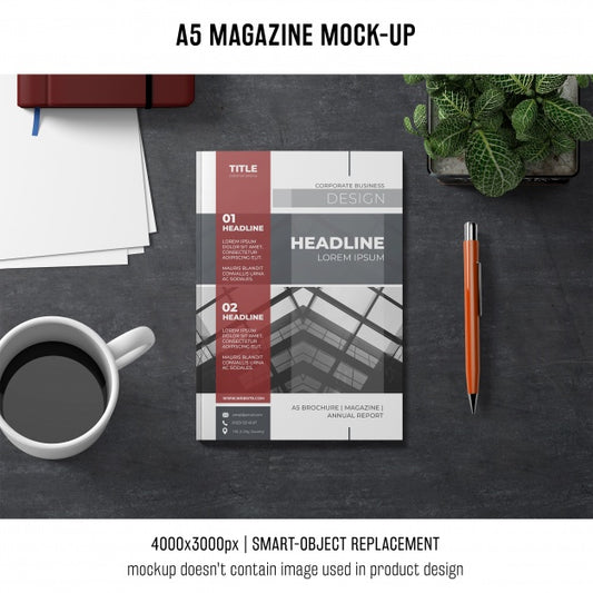 Free A5 Magazine Mockup With Coffee Psd