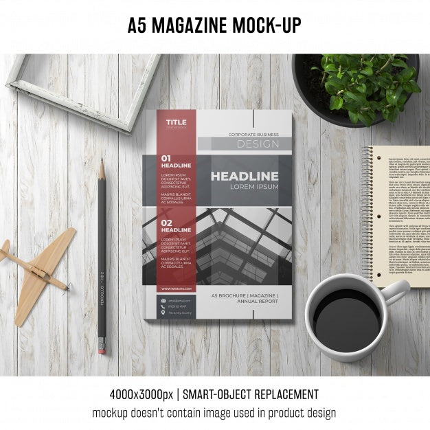 Free A5 Magazine Mockup With Cup Of Coffee And Plant Psd