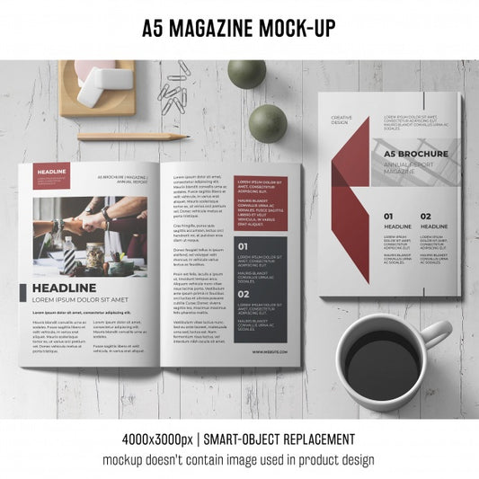 Free A5 Magazine Mockup With Cup Of Coffee Psd