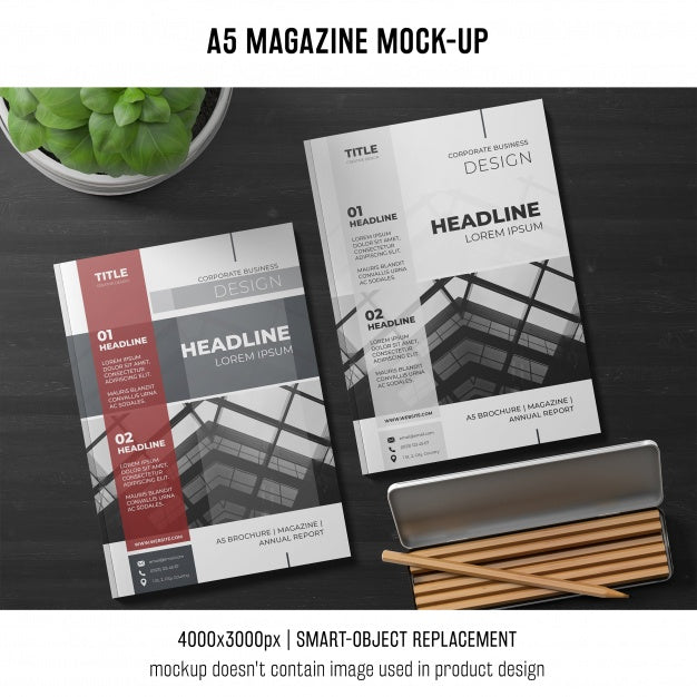Free A5 Magazine Mockup With Plant And Pencils Psd