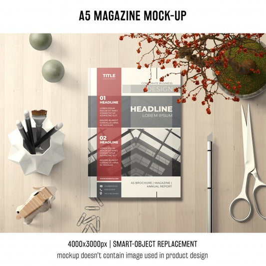 Free A5 Magazine Mockup With Scissors Psd